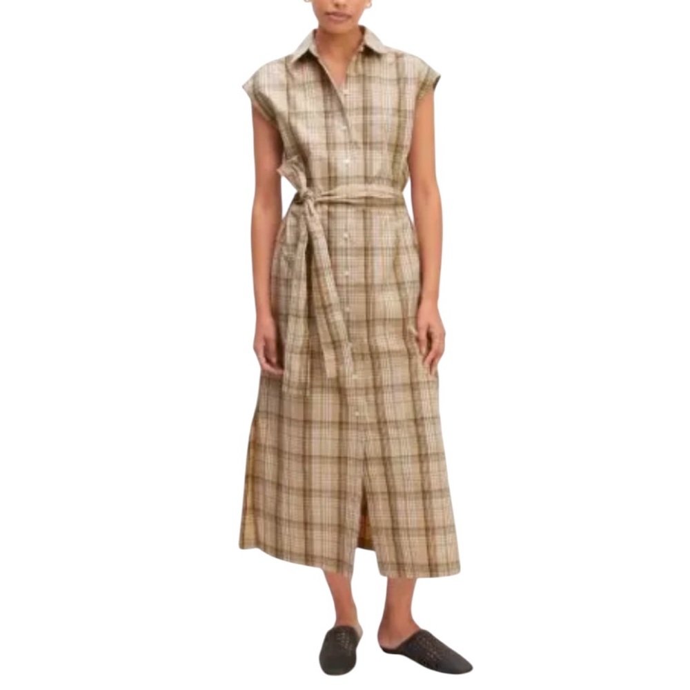 Everlane Beige Plaid Shirt Dress with Tie Belt